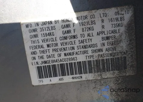 2010 Honda Fit Sport из США, поврежденный, VIN JHMGE8H45AC028963